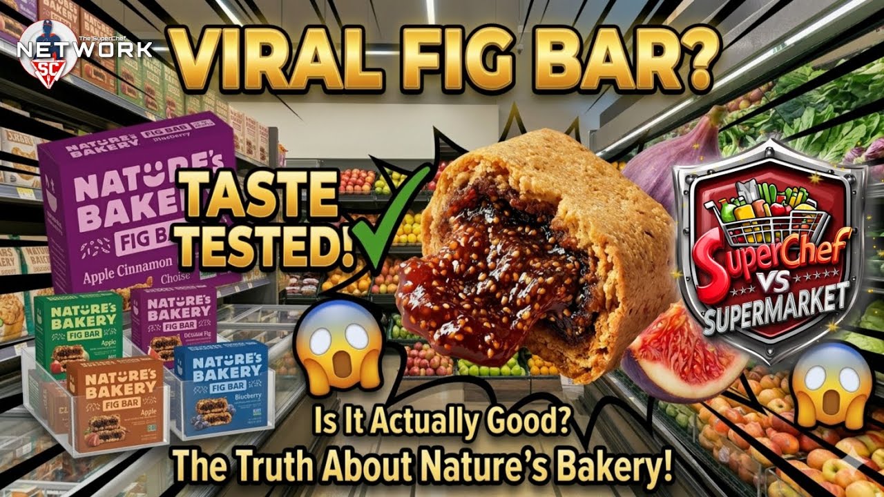 Darnell SuperChef Ferguson taste-testing fig bars in a grocery store aisle for his SuperChef vs Supermarket series
